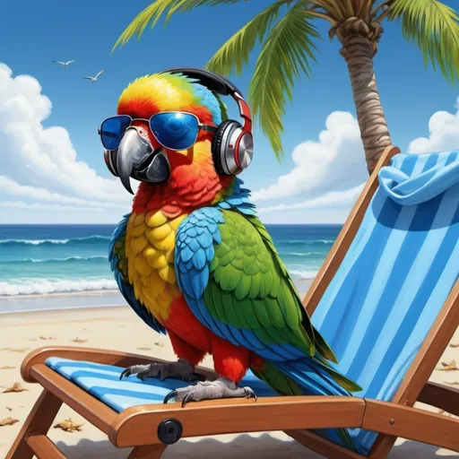 Prompt: A parrot wearing headphones and sunglasses lying on a beach chair with a blue sky and sea in the background, Anne Stokes, tempera painting, comic book style, highly detailed digital painting, computer graphics