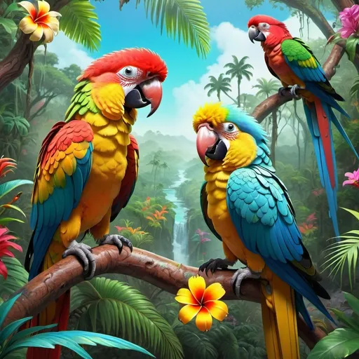 Prompt: two colorful parrots sitting on a branch in a tropical forest with flowers and trees in the background,, Chris LaBrooy, fantasy art, highly detailed digital painting, a simulation painting