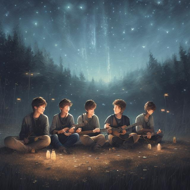 Prompt: 4 boys sitting under the starry night sky, holding guitars and cigarettes, warm and peaceful atmosphere, detailed facial expressions, realistic digital painting, starry night, peaceful vibes, warm tones, atmospheric lighting, detailed clothing, high quality, realistic, serene