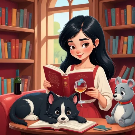 Prompt: Girl with black hair reading book and wine red in glass. Cute animated style image for book blog avatar. Colorful realistic nice old Disney cartoon style, in home library surrounded by cute animals 