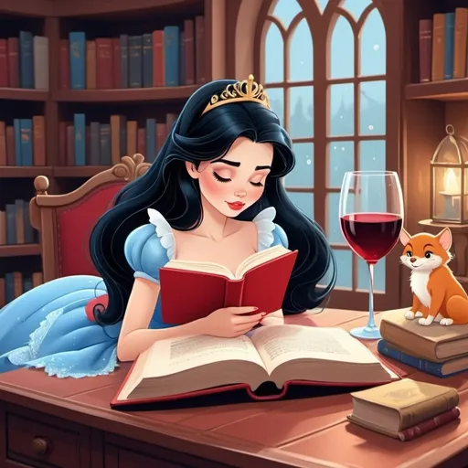 Prompt: Beautiful Girl with black hair reading book and wine red in glass. Cute animated style image for book blog avatar. Colorful nice old Disney sleeping beauty cinderella snow white cartoon style, in home library surrounded by cute animals 