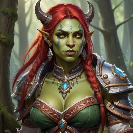 Prompt: Create a beautifully feminine female character from the Orc race in World of Warcraft, living in a fantasy world. She should have vibrant red hair cascading down her back, complementing her green skin. Despite her fierce appearance, her facial features should exude elegance and grace. Incorporate subtle tusks protruding from her lower jaw, adding to her orcish heritage. Dress her in ornate armor or flowing robes, reflecting her strength and sophistication. Surround her with elements from a fantasy world, such as mystical forests, towering castles, or magical artifacts.