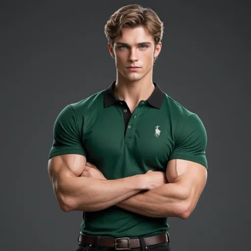 Prompt: Prometheus as a high school modern boy. Handsome, gorgeous, green eyes. In full body image, Strong muscles, sculpting jawline, green eyes. Dressed in polo shirt and black jeans