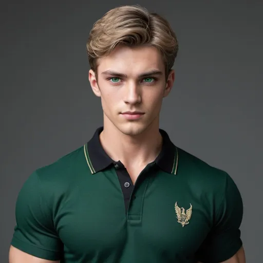 Prompt: Prometheus as a high school modern boy. Handsome, gorgeous, green eyes. In full body image, Strong muscles, sculpting jawline, green eyes. Dressed in polo shirt and black jeans