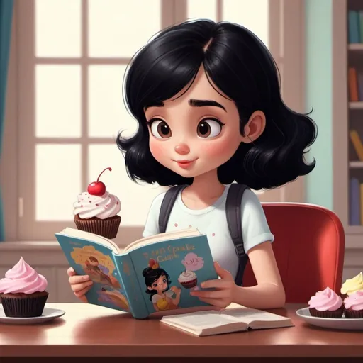 Prompt: A cute girl with black hair reading book and enjoying a cupcake. Animated style image, like pixar or Disney 