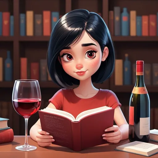 Prompt: Girl with black hair reading book and wine red in glass. Cute animated style image for book blog avatar. Colorful realistic nice pixar Disney cartoon style 