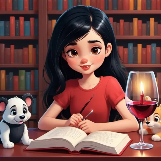 Prompt: Girl with black hair reading book and wine red in glass. Cute animated style image for book blog avatar. Colorful realistic nice old Disney cartoon style, in home library surrounded by cute animals 