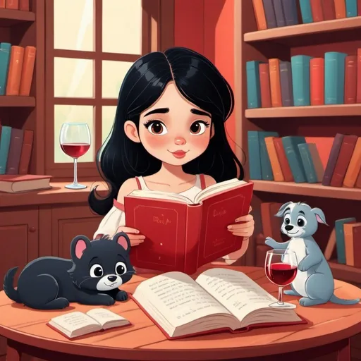 Prompt: Girl with black hair reading book and wine red in glass. Cute animated style image for book blog avatar. Colorful nice old Disney cartoon style, in home library surrounded by cute animals 