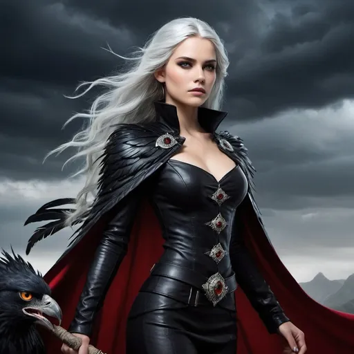 Prompt: Create an image of Manon Blackbeak, a fierce and powerful witch from the Throne of Glass series by Sarah J. Maas. She is described as having long silver hair, piercing gold color eyes - very outstanding and important feature of her face, not blue-golden eyes, and sharp features, and long shar metal egde nails. She wears dark, intimidating clothing adorned with black feathers and scarlet cape-very important detail of outfit, and she carries herself with a regal and commanding presence. Show her full body standing against a backdrop of stormy skies. 