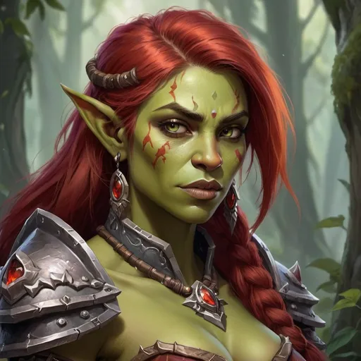 Prompt: Create a beautifully feminine female character from the Orc race in World of Warcraft, living in a fantasy world. She should have vibrant red hair cascading down her back, complementing her green skin. Despite her fierce appearance, her facial features should exude elegance and grace. Incorporate subtle tusks protruding from her lower jaw, adding to her orcish heritage. Dress her in ornate armor or flowing robes, reflecting her strength and sophistication. Surround her with elements from a fantasy world, such as mystical forests, towering castles, or magical artifacts.