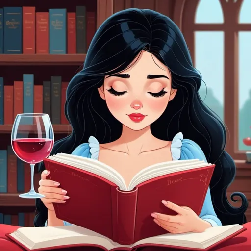 Prompt: Beautiful Girl with black hair reading book and wine red in glass. Cute animated style image for book blog avatar. Colorful nice old Disney sleeping beauty cinderella snow white cartoon style, in home library