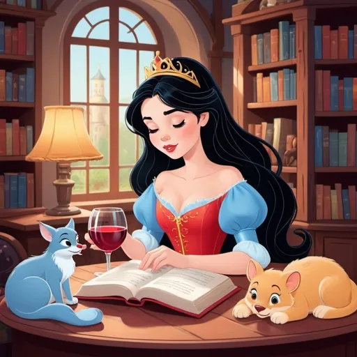 Prompt: Beautiful Girl with black hair reading book and wine red in glass. Cute animated style image for book blog avatar. Colorful nice old Disney sleeping beauty cinderella snow white cartoon style, in home library surrounded by cute animals 