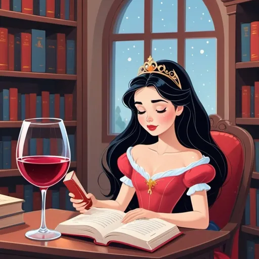 Prompt: Beautiful Girl with black hair reading book and wine red in glass. Cute animated style image for book blog avatar. Colorful nice old Disney sleeping beauty cinderella snow white cartoon style, in home library