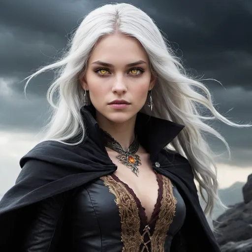 Prompt: Create an image of Manon Blackbeak, a fierce and powerful witch from the Throne of Glass series by Sarah J. Maas. She is described as having long silver hair, piercing yellow golden amber color eyes - very outstanding and important feature of her face, and sharp features, and long shar metal egde nails. She wears dark, intimidating clothing  and scarlet cape-very important detail of outfit, and she carries herself with a regal and commanding presence. Show her full body standing against a backdrop of stormy skies. 