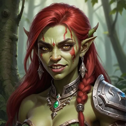 Prompt: Create a beautifully feminine female character from the Orc race in World of Warcraft, living in a fantasy world. She should have vibrant red hair cascading down her back, complementing her green skin, vampire teeth fangs showing out of her mouth!!!! Fangs in mouth, not in head. Despite her fierce appearance, her facial features should exude elegance and grace. Incorporate subtle tusks protruding from her lower jaw, adding to her orcish heritage. Dress her in ornate armor or flowing robes, reflecting her strength and sophistication. Surround her with elements from a fantasy world, such as mystical forests, towering castles, or magical artifacts. Full body