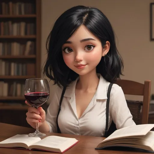 Prompt: A cute girl with black hair reading book and enjoying a red wine glass. Animated style image, like pixar or Disney 