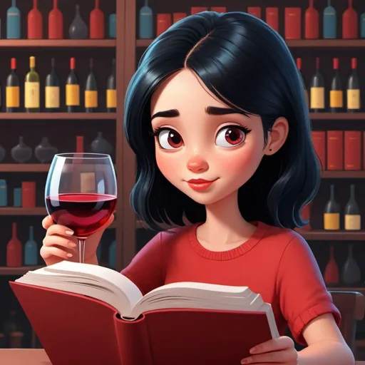 Prompt: Girl with black hair reading book and wine red in glass. Cute animated style image for book blog avatar. Colorful realistic nice pixar Disney cartoon style 