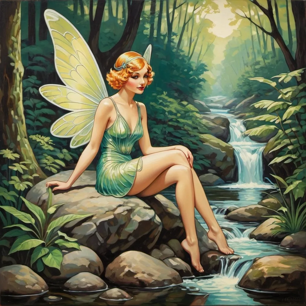 Prompt: An art deco inspired pop art painting of a beautiful female fairy sitting on a rock by a stream in a forest. intricately detailed art deco oil on canvas retro