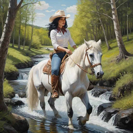 Prompt: An intricately detailed surrealistic medium close-up oil painting of a beautiful cowgirl with black hair riding a white horse by a stream in a forest on a sunny day.