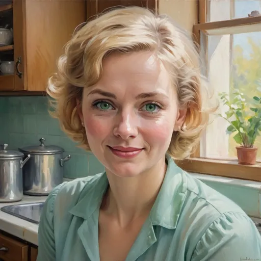 Prompt: An impressionistic oil portrait in the style of the classical romanticists of a beautiful 1950s housewife with short blond hair and green eyes wearing a light blue blouse slightly smiling at the viewer in a sunlit kitchen.