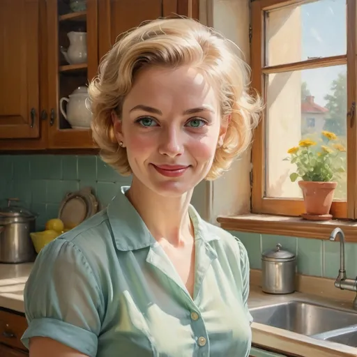 Prompt: An impressionistic oil portrait in the style of the classical romanticists of a beautiful 1950s housewife with short blond hair and green eyes wearing a light blue blouse slightly smiling at the viewer in a sunlit kitchen.