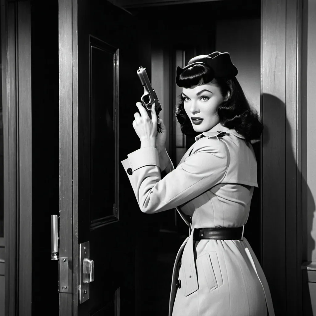 Prompt: Bettie Page wearing ba fedora and trench coat holding a pistol cautiously peering through an open door in a dark office.