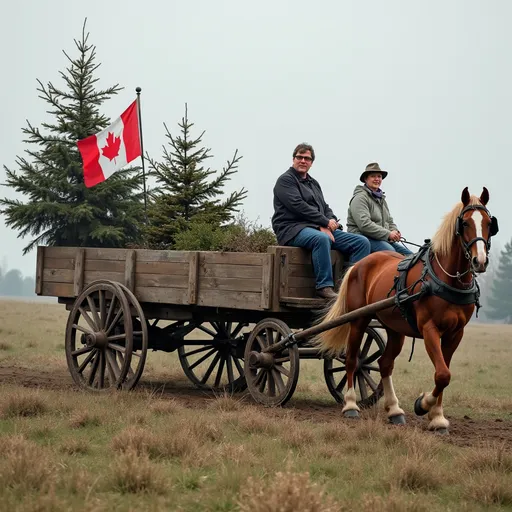 Prompt: I want mark Carney and Mélanie Joly from canada riding a menonite wagon with a horse. A pride flag on the side half canada flag. Trees in the back of wagon with a slogan keep the oil and ressources in the ground. Canadaxit