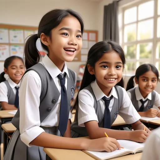 Prompt: (photorealistic) image of a primary school student, wearing a grey uniform and white shirt, (cheerfully interacting) with her teacher, (warm ambiance), well-lit classroom background, (highly detailed expressions), children's educational materials around, (4K quality), capturing an atmosphere of excitement and learning.