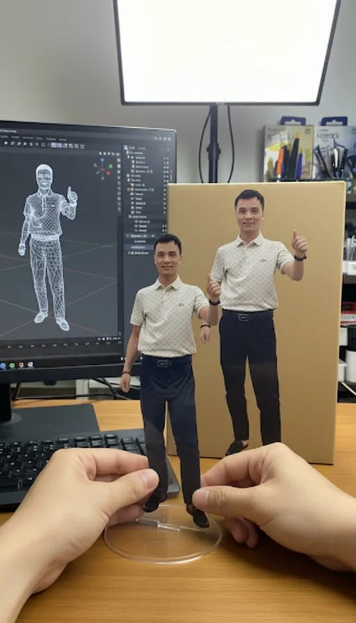 Prompt: This photograph captures a creative workspace where a 3D digital model of a smiling Asian man in a short-sleeved, white, patterned shirt and dark blue pants stands on a clear glass base. His right arm is raised with a thumbs-up gesture, and his left arm is extended outward. The model is positioned in front of a cardboard stand. In the background, a computer monitor displays a 3D modeling software interface showing a semi-transparent, white wireframe of the same man in a similar pose. The software interface includes various control panels and a grid overlay. The desk is wooden, and two hands, presumably belonging to the photographer, are visible at the bottom of the image, holding the model. On the right side of the background, there is a cluttered shelf filled with various office supplies, including pens and papers. The ceiling light is bright, illuminating the workspace. The overall style is modern and functional, with a focus on digital art and 3D modeling. The textures include the smooth glass base, the patterned fabric of the shirt, and the digital wireframe on the screen. The image conveys a sense of creativity and precision in digital art.