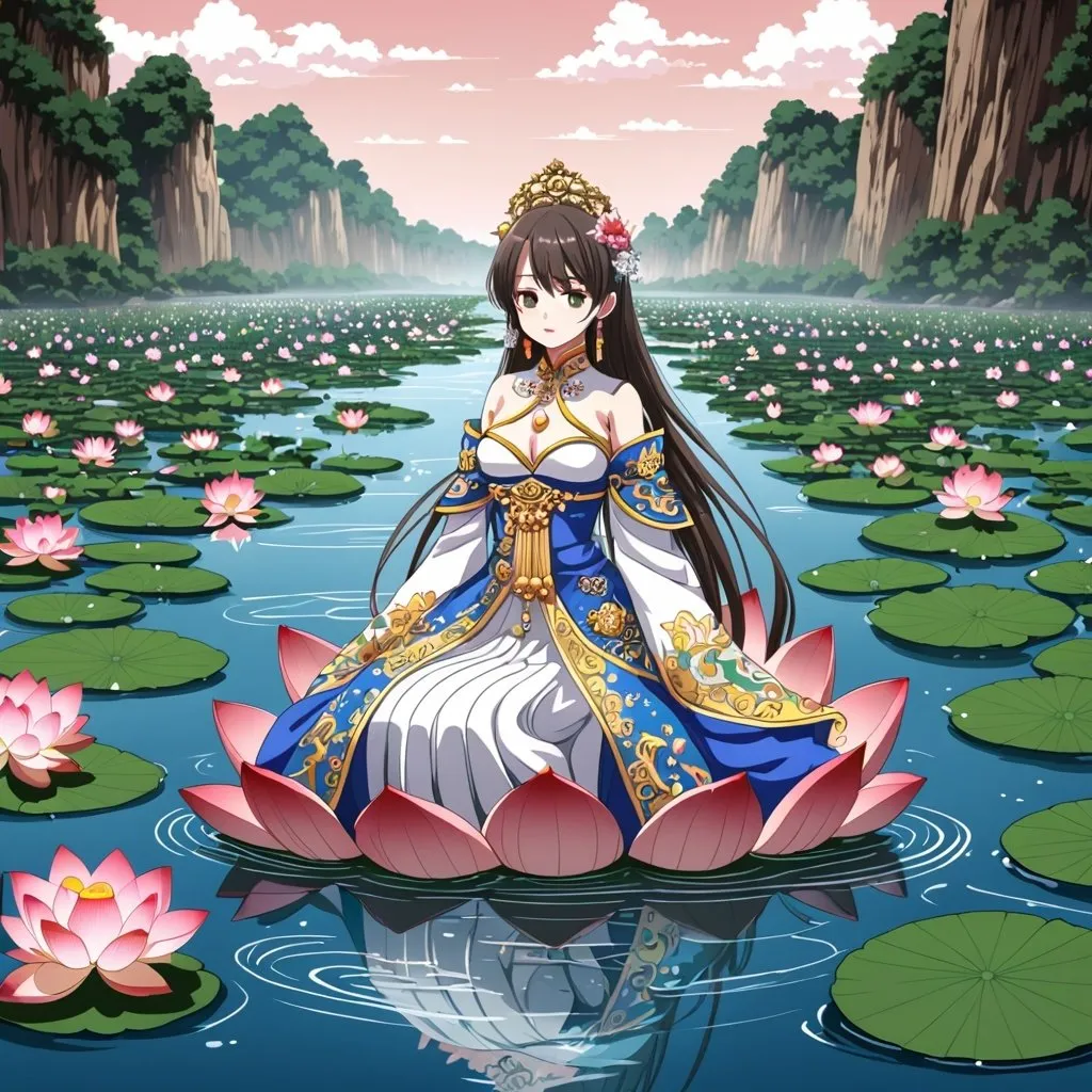 Prompt: Anime , girl wearing royal dress middle in lotus river , very detailed