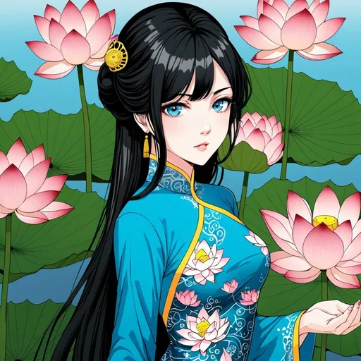 Prompt: Art style Manhwa , girl , Ao Dai , black hair, blue eyes, Lotus , very detailed