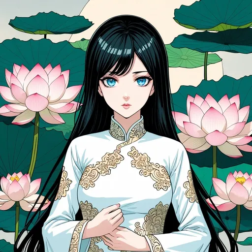 Prompt: Art style Manhwa , girl , white Ao Dai , black hair, blue eyes, Lotus around , very detailed