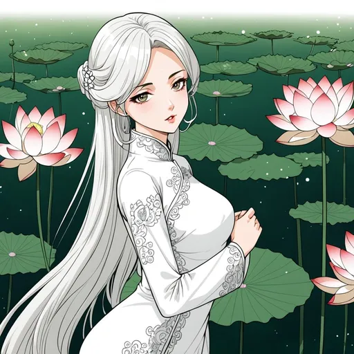 Prompt: Art style Manhwa , beautiful girl in white Ao Dai , Lotus , very detailed