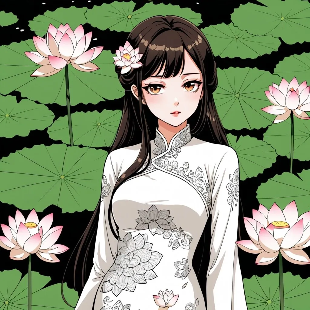 Prompt: Art style Manhwa , beautiful girl in white Ao Dai , Lotus , very detailed