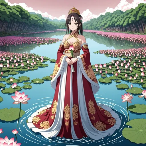 Prompt: Anime , girl wearing royal dress middle in lotus river , very detailed