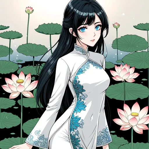 Prompt: Art style Manhwa , girl , white Ao Dai , black hair, blue eyes, Lotus around , very detailed