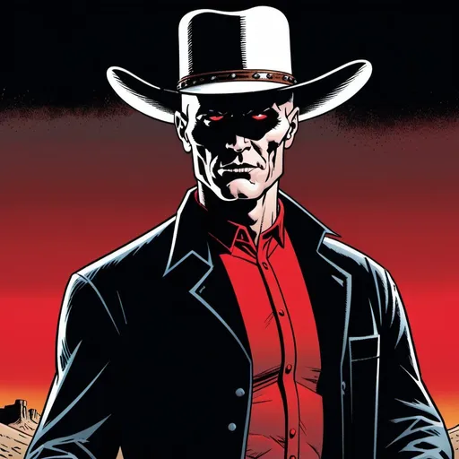 Prompt: Judge Holden oldschool comic art, uncanny valley, 7ft tall pale skin and no hair, cowboy hat, character from blood meridian pure evil definition of evil, dark black red evil stare