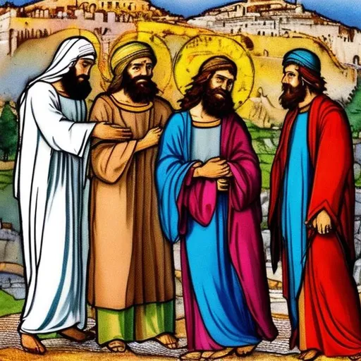 Prompt: Abraham Jesus and Muhammed meet in Jerusalem. One of them whispering in Jesuses ear
Colorful with Jerusalem 