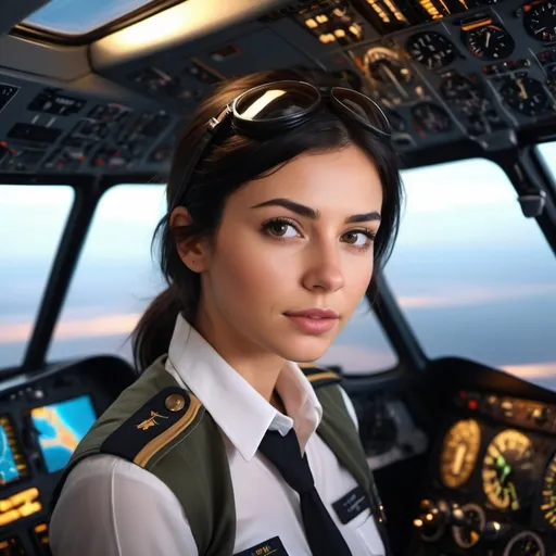 Prompt: (tall pretty young woman pilot), (black hair, brown eyes), stylish pilot uniform, confident pose, gripping flight controls in a modern cockpit, high-tech instruments and displays, warm and inviting ambiance, soft light illuminating her face, dreamy atmosphere, ultra-detailed, 4K resolution, cinematic quality, vivid colors, showcasing the essence of aviation and empowerment.