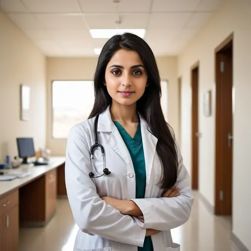 Prompt: (26-year-old female doctor), small town near Haiderabad, (long straight black hair), (brown eyes), wearing a white lab coat, stethoscope around her neck, standing confidently in a bright, modern clinic, warm ambiance with soft natural lighting, ultra-detailed portrait, conveying inspiration and dedication, inviting and professional atmosphere.cubby with big eyes
Pakistani