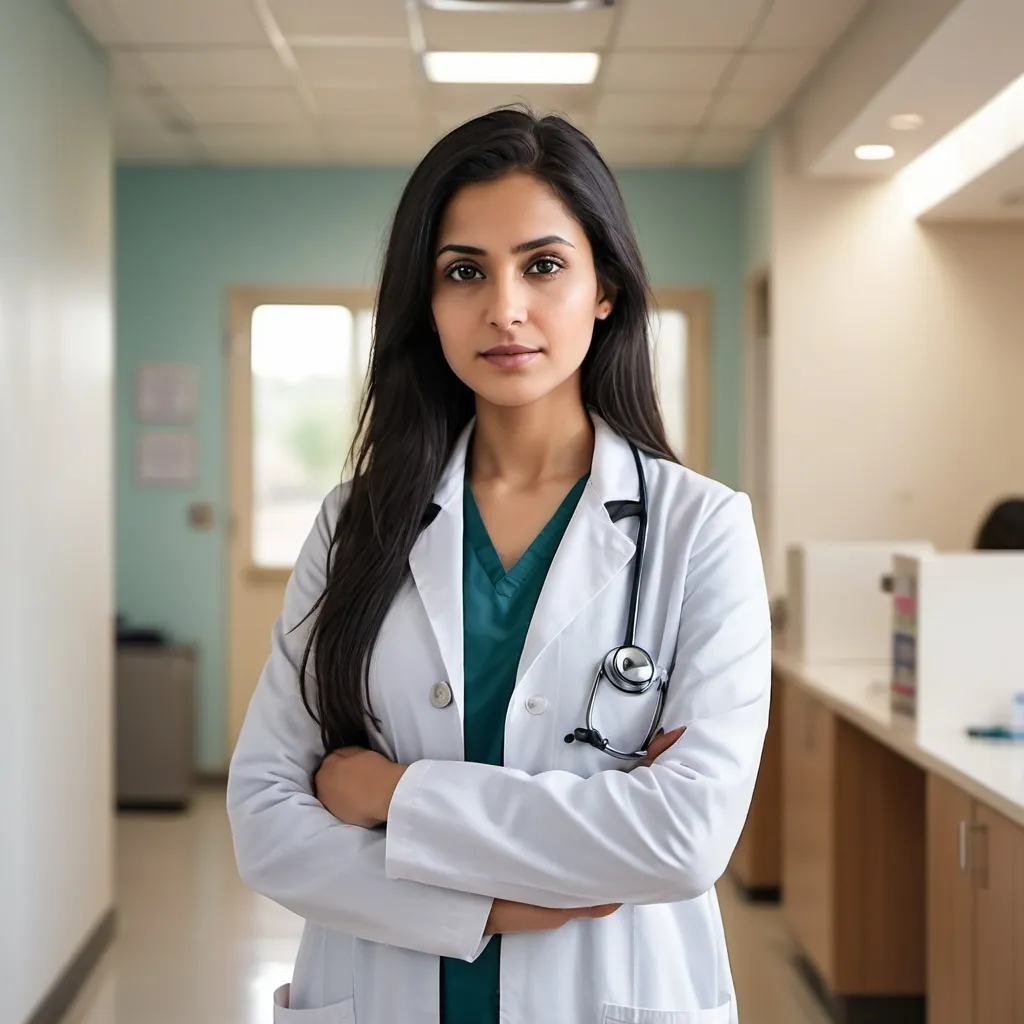 Prompt: (26-year-old female doctor), small town near Haiderabad, (long 4-foot black hair), (brown eyes), wearing a white lab coat, stethoscope around her neck, standing confidently in a bright, modern clinic, warm ambiance with soft natural lighting, ultra-detailed portrait, conveying inspiration and dedication, inviting and professional atmosphere.