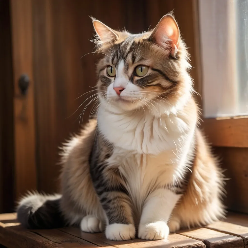 Prompt: (cute cat), sitting elegantly on a rustic wooden table, natural light streaming in from a nearby window, soft shadows enhancing depth, warm tones creating a cozy ambiance, detailed fur texture, playful expression, serene atmosphere, nurturing home environment, high quality, ultra-detailed, capturing the essence of tranquility and warmth.