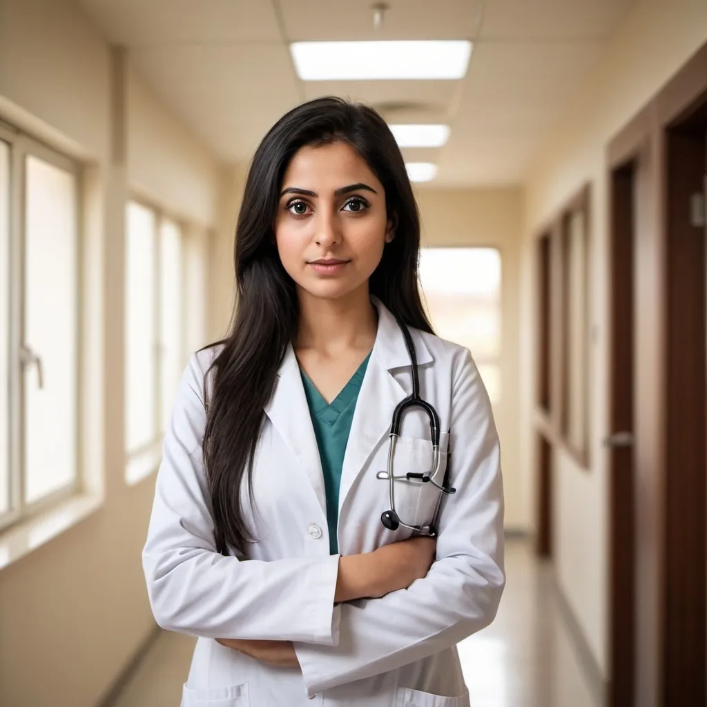 Prompt: (26-year-old female doctor), small town near Haiderabad, (long straight black hair), (brown eyes), wearing a white lab coat, stethoscope around her neck, standing confidently in a bright, modern clinic, warm ambiance with soft natural lighting, ultra-detailed portrait, conveying inspiration and dedication, inviting and professional atmosphere.cubby with big eyes
Pakistani