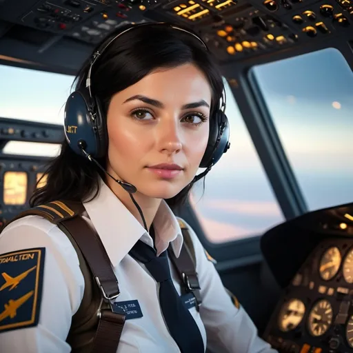 Prompt: (tall pretty young woman pilot), (black hair, brown eyes), stylish pilot uniform, confident pose, gripping flight controls in a modern cockpit, high-tech instruments and displays, warm and inviting ambiance, soft light illuminating her face, dreamy atmosphere, ultra-detailed, 4K resolution, cinematic quality, vivid colors, showcasing the essence of aviation and empowerment.