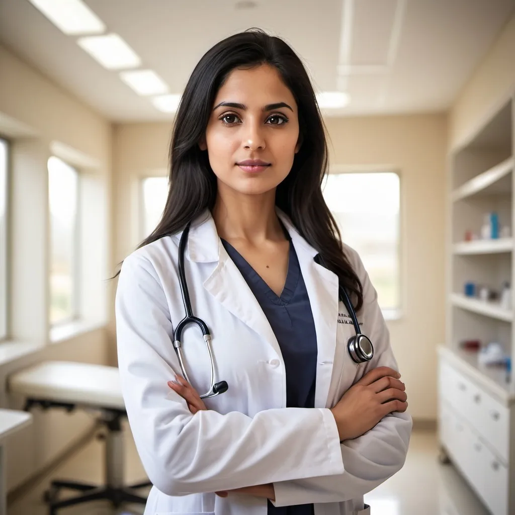 Prompt: (26-year-old female doctor), small town near Haiderabad, (long 4-foot black hair), (brown eyes), wearing a white lab coat, stethoscope around her neck, standing confidently in a bright, modern clinic, warm ambiance with soft natural lighting, ultra-detailed portrait, conveying inspiration and dedication, inviting and professional atmosphere.