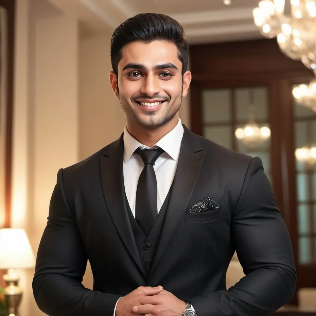 Prompt: (enhanced description of a man), (6 feet tall, muscular build), (29 years old), (most beautiful smile), (big eyes), (wearing a sleek black suit), elegant posture, confident demeanor, soft lighting, sophisticated atmosphere, warm colors, charming expression, high detail, ultra-realistic quality, stunning background that enhances the formal setting ambience. pakistani chubby