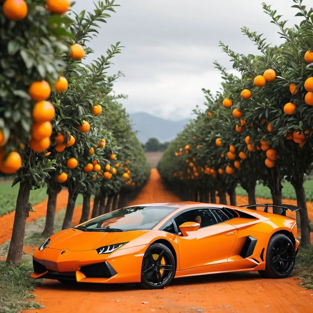 Prompt: Orange lambo parked in a orange farm