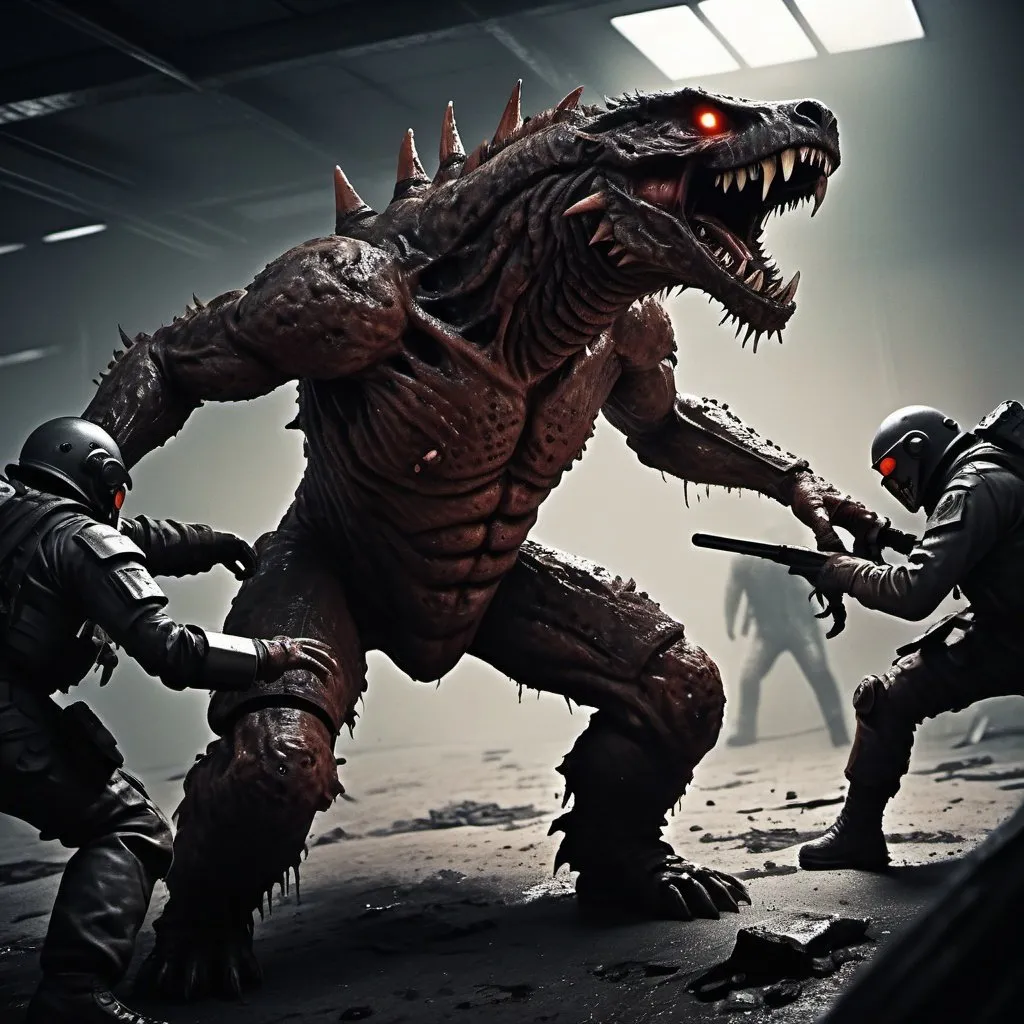 Prompt: Intense digital art of SCP 682 battling Nu-7, dark and gritty 3D rendering, detailed scales and armor, post-apocalyptic setting, intense battle stance, high-quality, gritty 3D rendering, horror, intense lighting and shadows, chaotic and intense, battle scars, intense and adrenaline-pumping, intense action, dark and gritty color tones