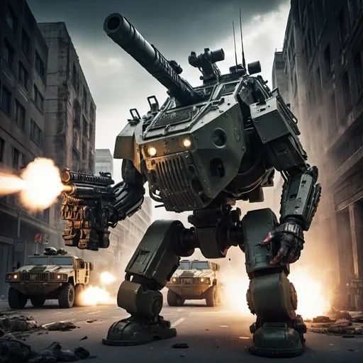 Prompt: Military juggernaut with gatling gun, fighting zombie in the city, highres, ultra-detailed, action-packed, intense lighting, military theme, urban setting, zombie apocalypse, futuristic weaponry, armored vehicle, menacing atmosphere, dramatic composition, military juggernaut, gatling gun, zombie, city, highres, ultra-detailed, action-packed, intense lighting, military theme, urban setting, futuristic weaponry, armored vehicle, menacing atmosphere, dramatic composition