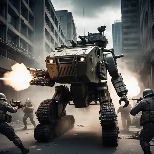 Prompt: Military juggernaut with gatling gun, fighting zombie in the city, highres, ultra-detailed, action-packed, intense lighting, military theme, urban setting, zombie apocalypse, futuristic weaponry, armored vehicle, menacing atmosphere, dramatic composition, military juggernaut, gatling gun, zombie, city, highres, ultra-detailed, action-packed, intense lighting, military theme, urban setting, futuristic weaponry, armored vehicle, menacing atmosphere, dramatic composition